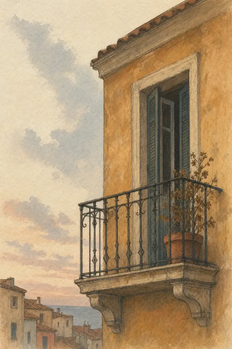 Illustration looking up at a third-floor balcony on an ochre Mediterranean building, with an iron railing, a dried brown plant in a terracotta pot, and a window open just a little.