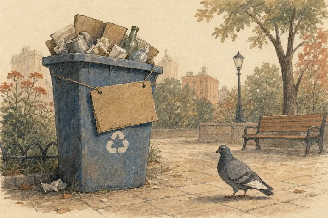Illustration of a blue recycling bin in a park, filled to the top, with a small handmade cardboard sign tied crookedly to it with string. A pigeon with one pale feather stands on the paving nearby.